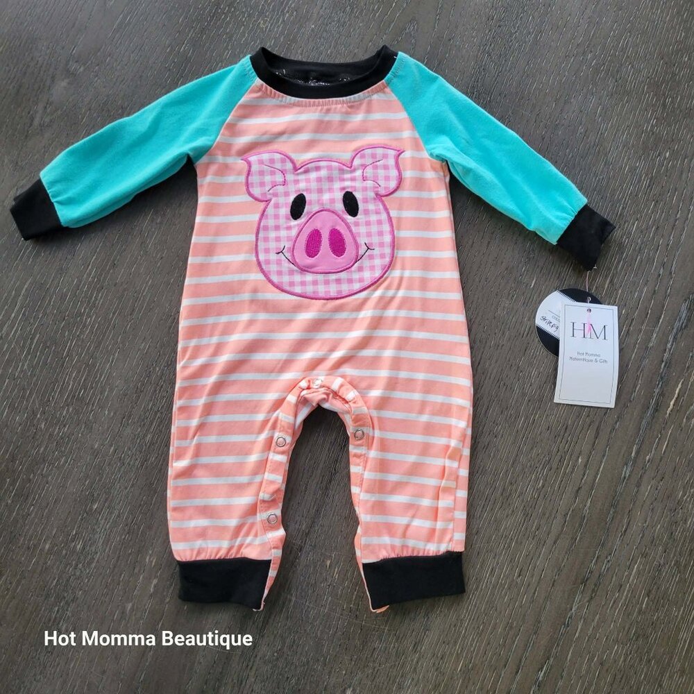 Baby Striped Long Sleeve Pig Applique Romper 9-12M